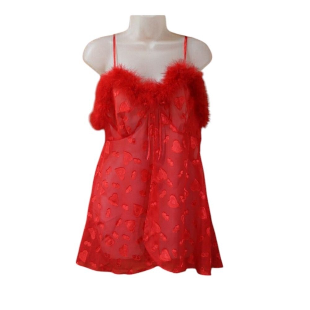 Inner Most Vintage Red Heart Chemise Lingerie Feather Trim Medium